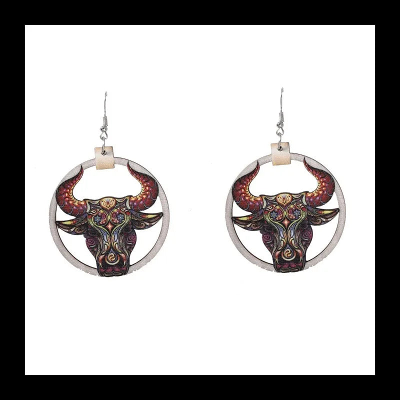 Halloween Fashion Western Cowboy Style Printed Wooden Creative Farm Highland Consumption Cow Earrings Personality Trend