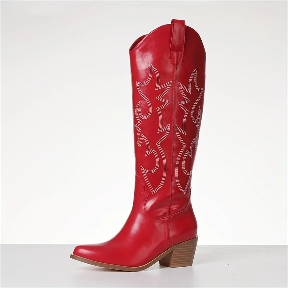 Western Embroidered Knee High Boots For Women Point Toe Heels