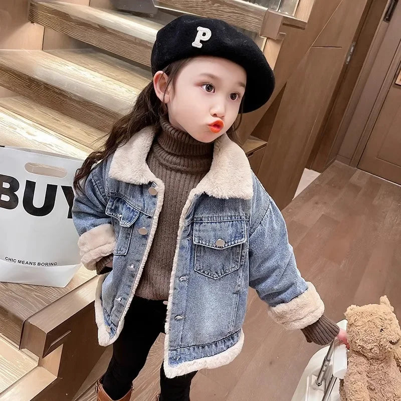 Girls Thick Denim Jacket Velvet Lined Padded Coat For Kids
