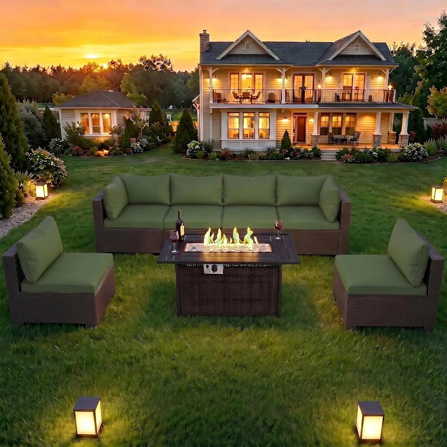 Wicker Patio Outdoor Conversation Set With Propane Fire Pit Table