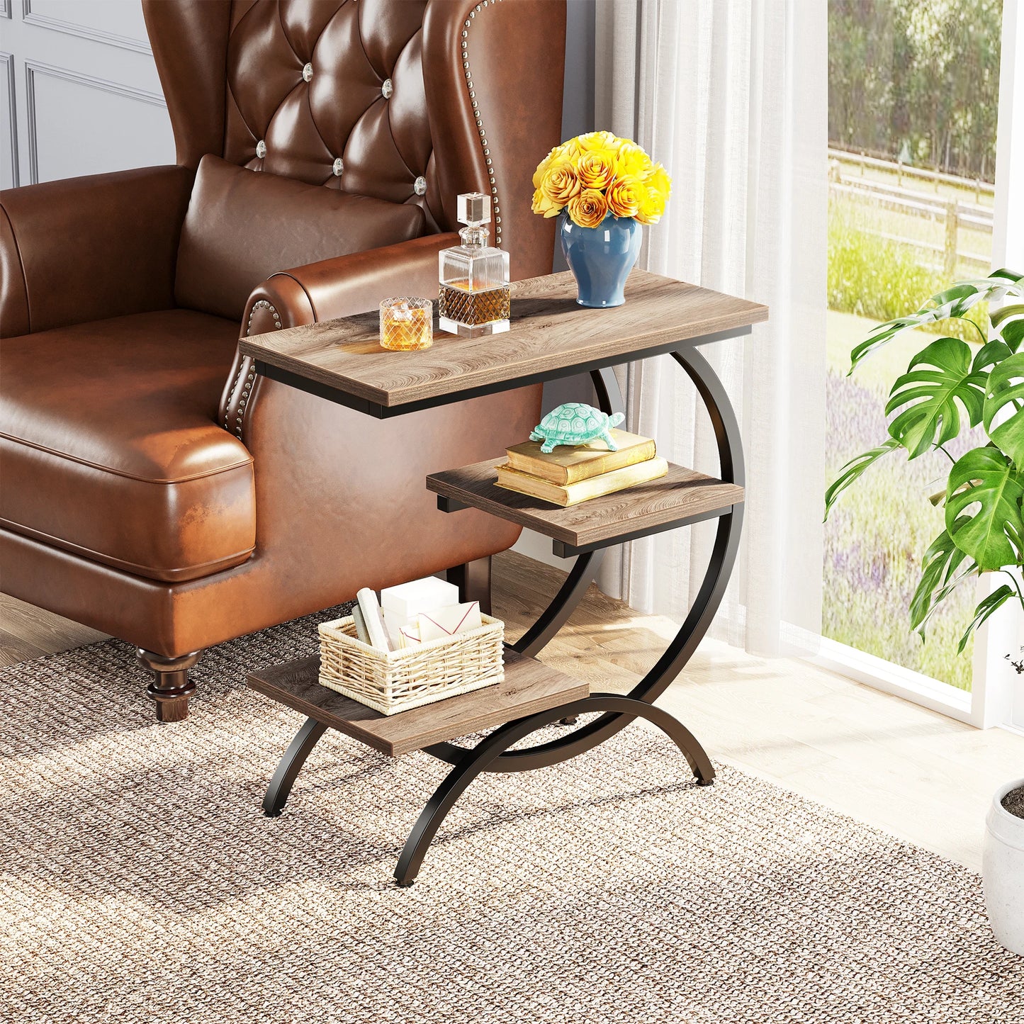 Tribesigns C-Shaped End Table Industrial 3-Tier With Storage Shelves