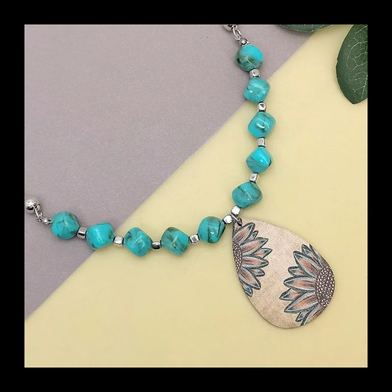 NONECN Western Farm Style Wooden Water Drops Sunflower Pendant Necklace