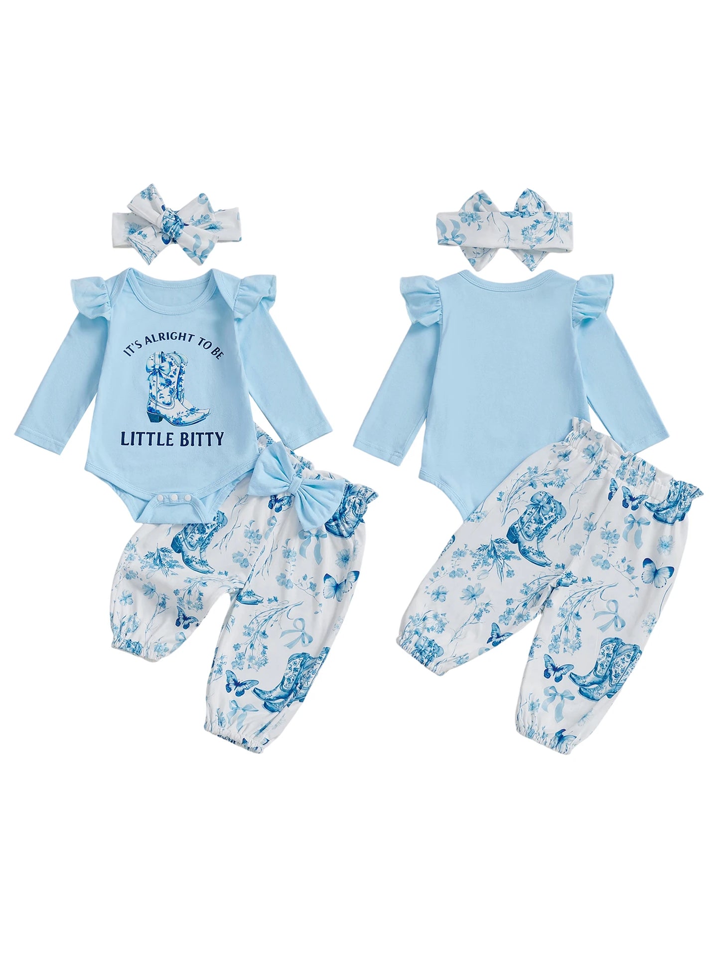 Baby Girl Western 3 Piece Set Romper Floral Pants Headband