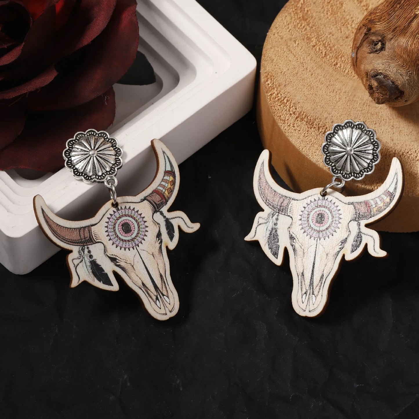 Halloween Fashion Western Cowboy Style Printed Wooden Creative Farm Highland Consumption Cow Earrings Personality Trend