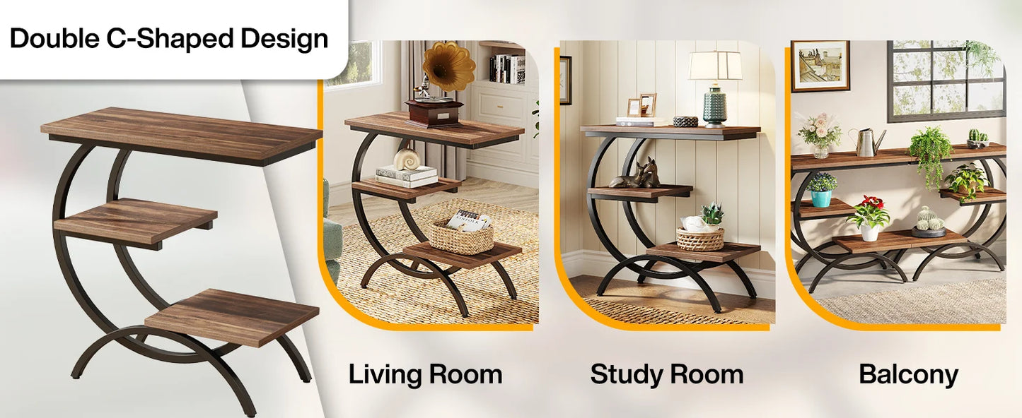 Tribesigns C-Shaped End Table Industrial 3-Tier With Storage Shelves