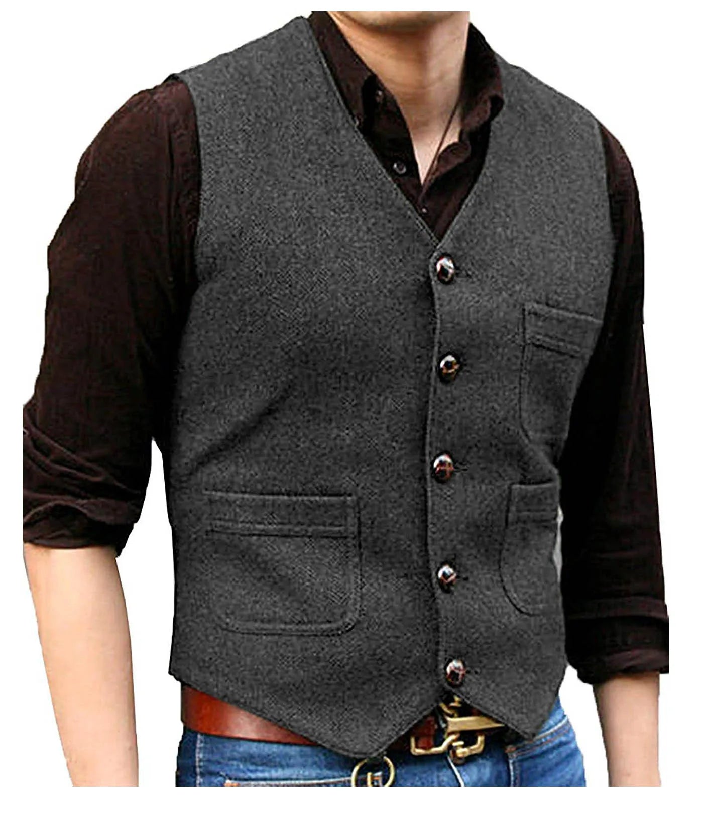 SOLOVEDRESSCN Men's Formal V Neck Wool Herringbone Tweed Waistcoat