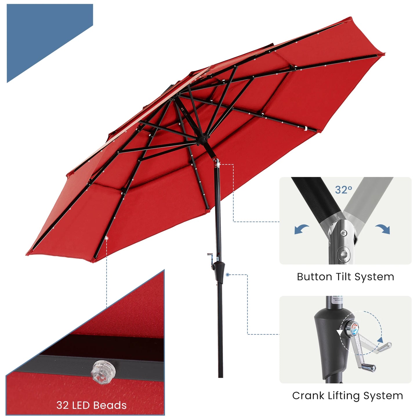 Solar Patio Umbrella With 32 LED Lights Tilt Adjustment Lift