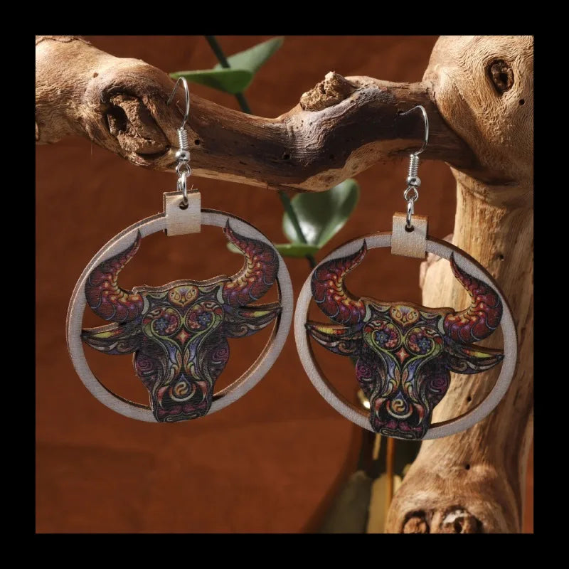 Halloween Fashion Western Cowboy Style Printed Wooden Creative Farm Highland Consumption Cow Earrings Personality Trend