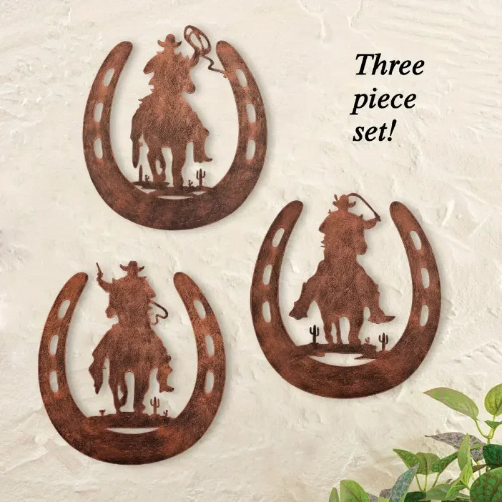 HelloYoung Horseshoe Metal Wall Decor 3pc Set Cowboy Western Rustic