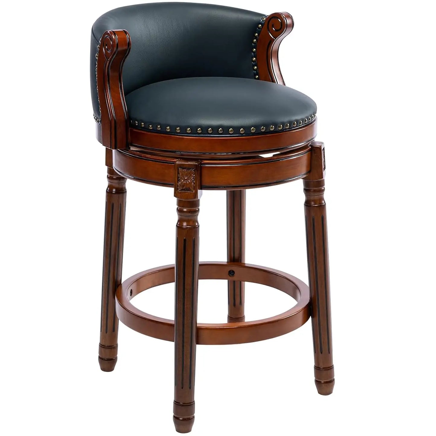 Leather Wooden Bar Stool With Back 29.5 Swivel Bar Chair