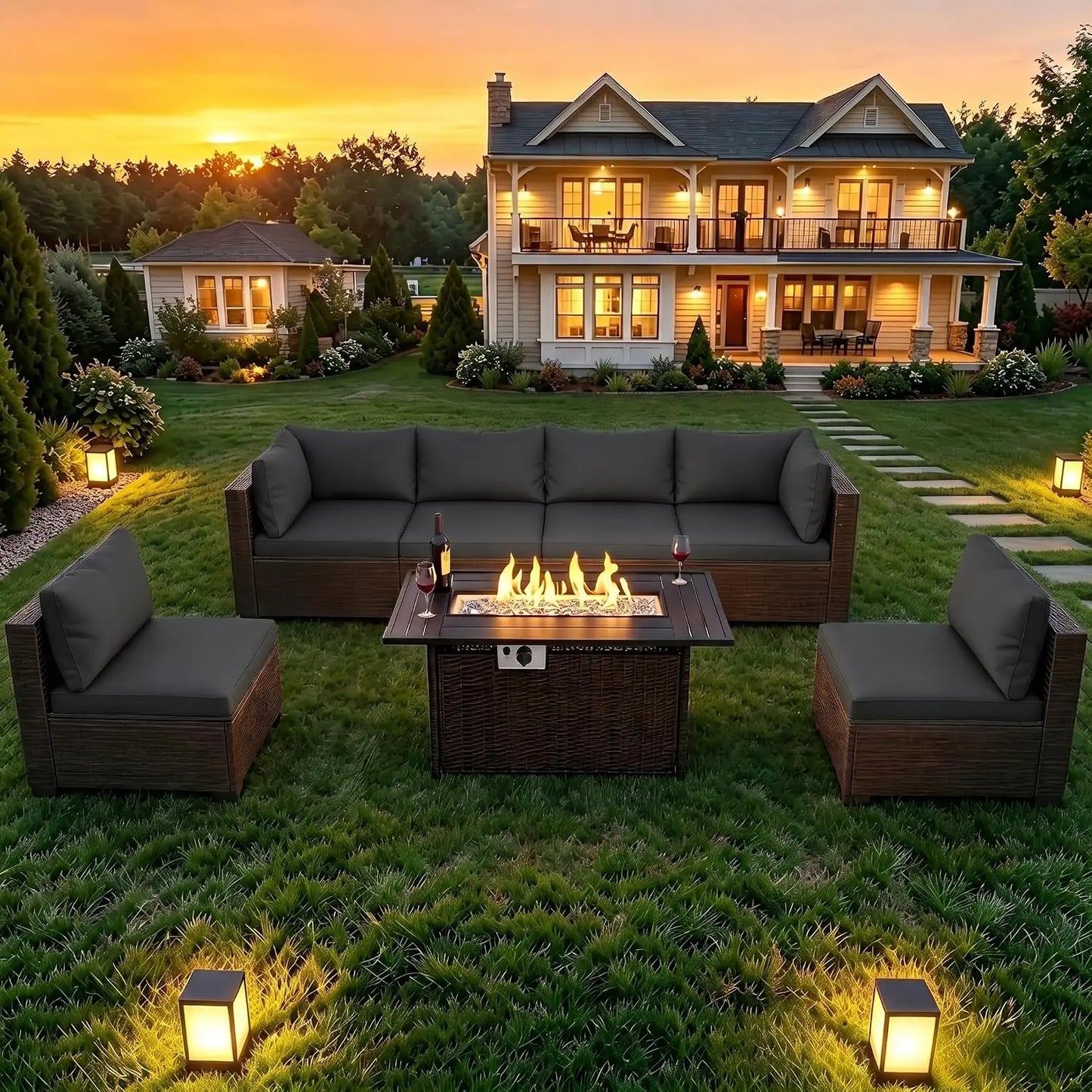 Wicker Patio Outdoor Conversation Set With Propane Fire Pit Table