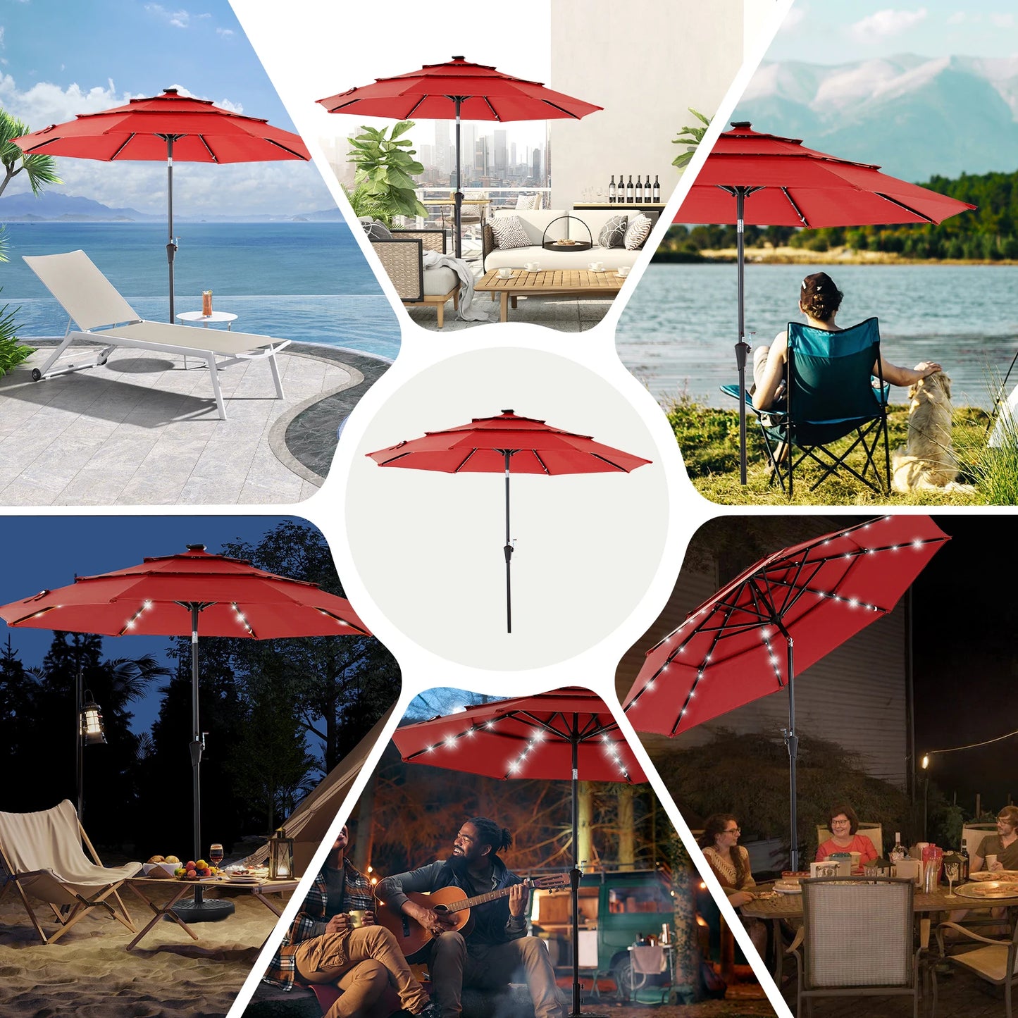 Solar Patio Umbrella With 32 LED Lights Tilt Adjustment Lift
