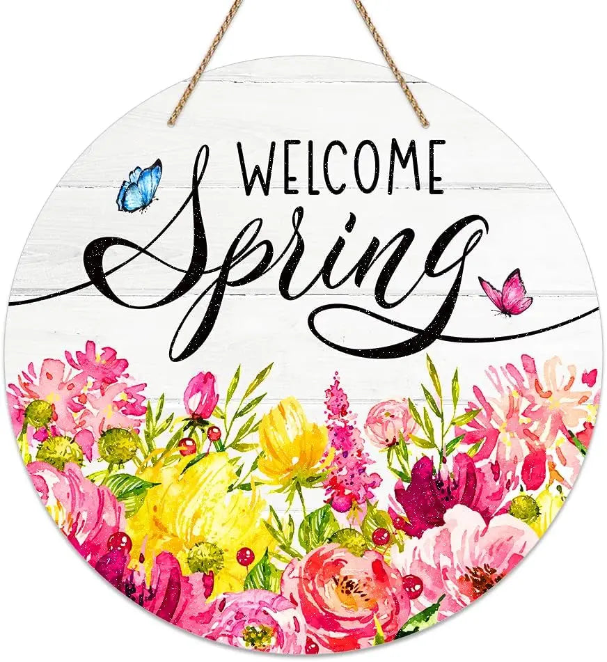 Spring Flowers Hummingbird Round Wooden Sign for Farmhouse Decor