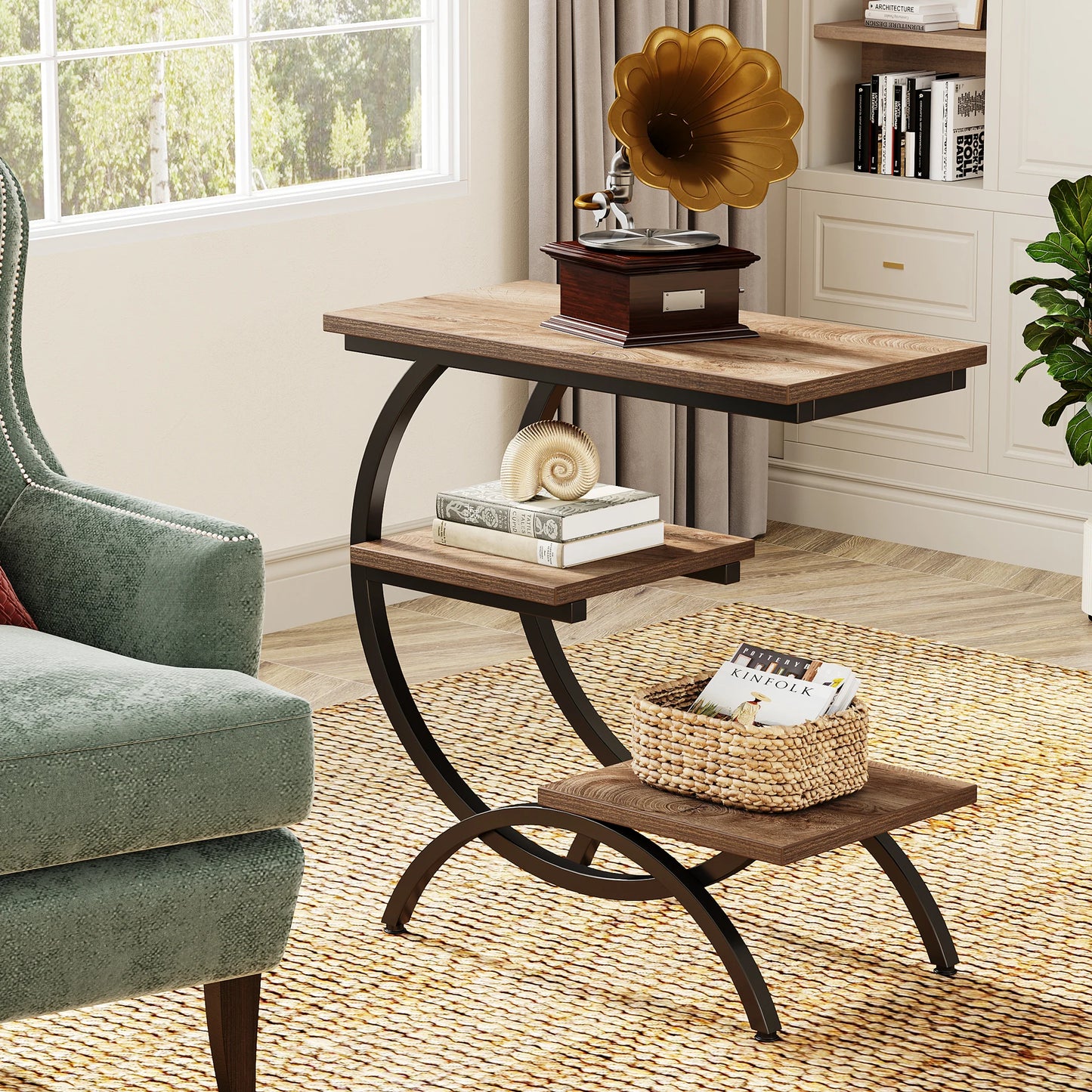 Tribesigns C-Shaped End Table Industrial 3-Tier With Storage Shelves