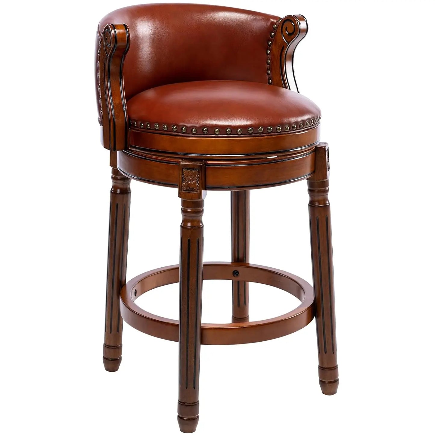 Leather Wooden Bar Stool With Back 29.5 Swivel Bar Chair