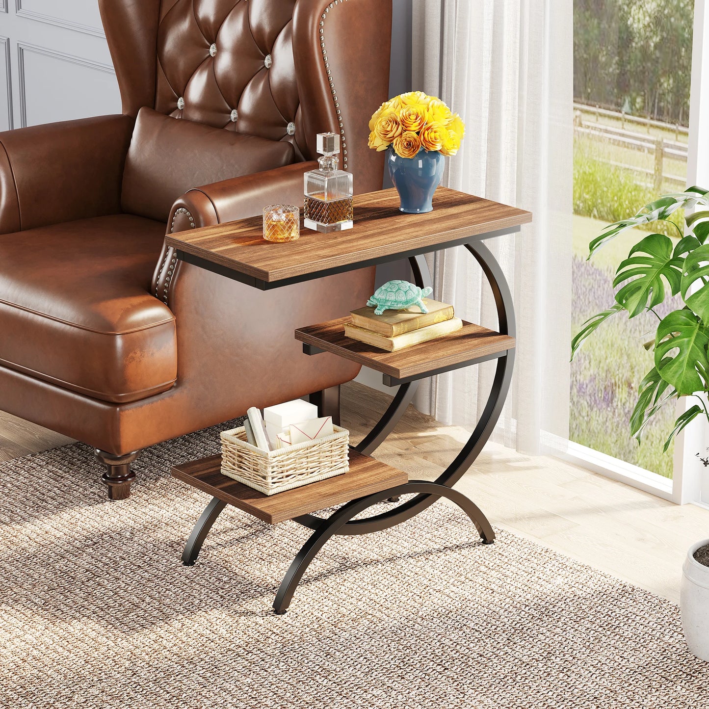 Tribesigns C-Shaped End Table Industrial 3-Tier With Storage Shelves