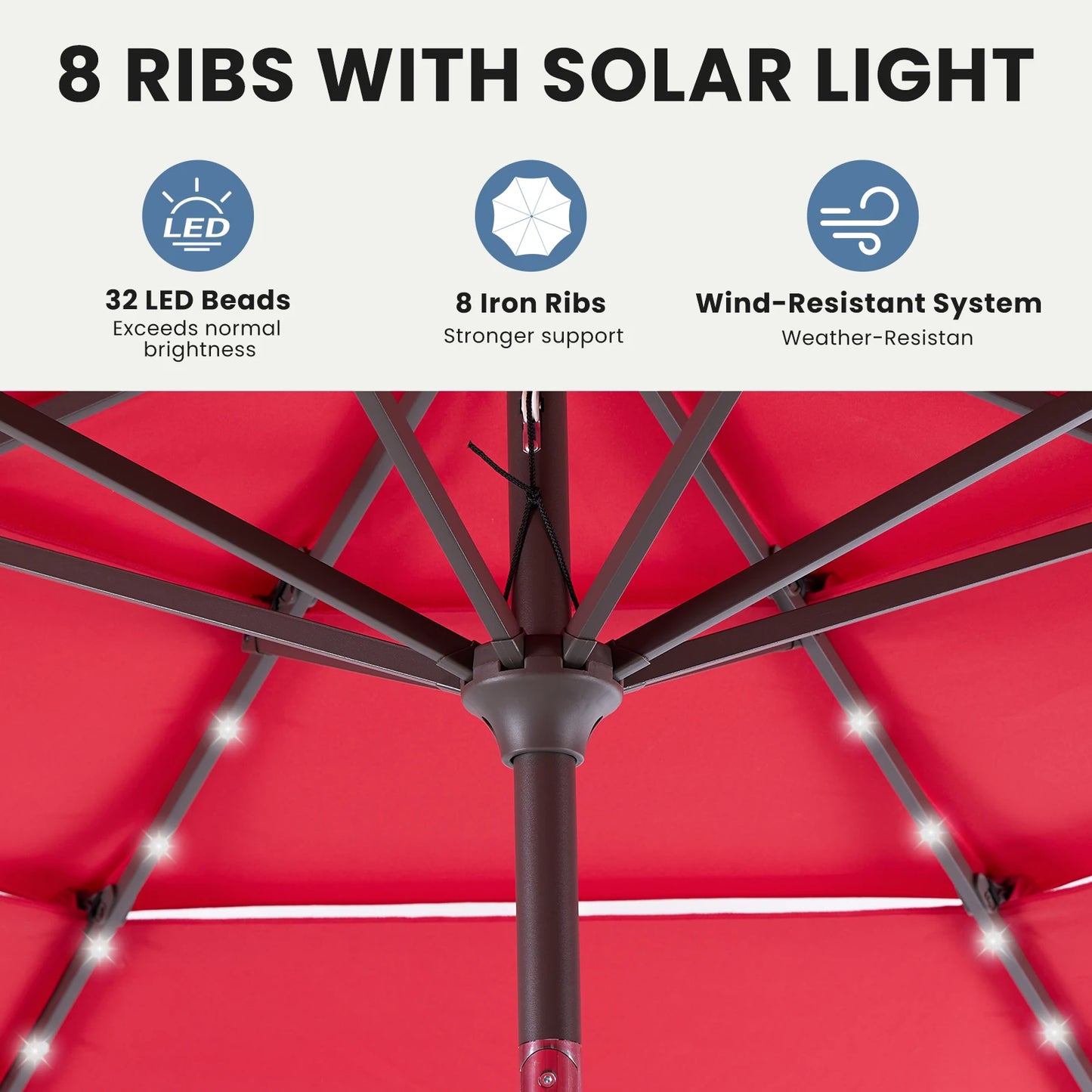 Solar Patio Umbrella With 32 LED Lights Tilt Adjustment Lift