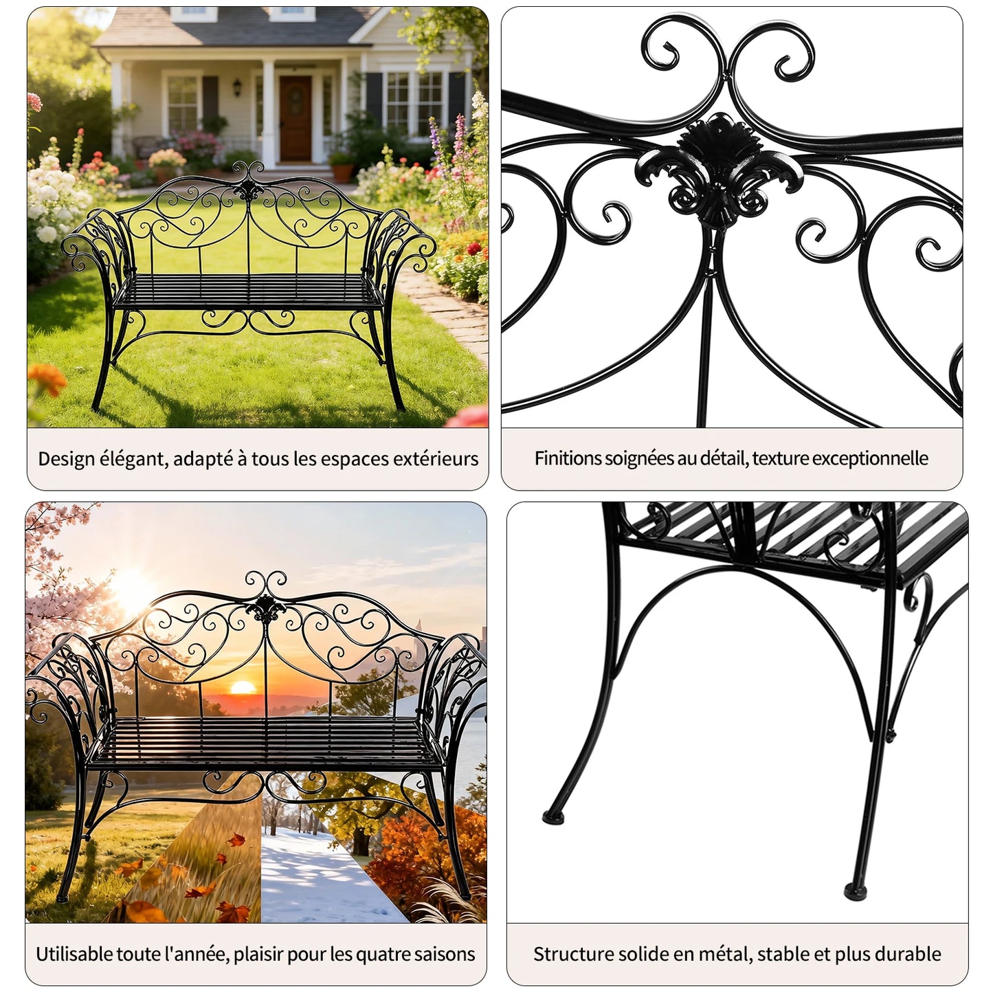Wrought Iron Garden Bench Outdoor Rustproof Decorative Backrest