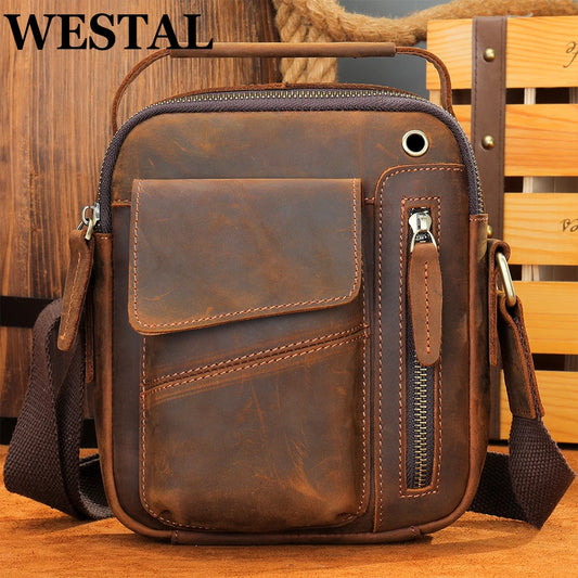 WESTAL Crazy Horse Leather Messenger Bag for Men USB Charging
