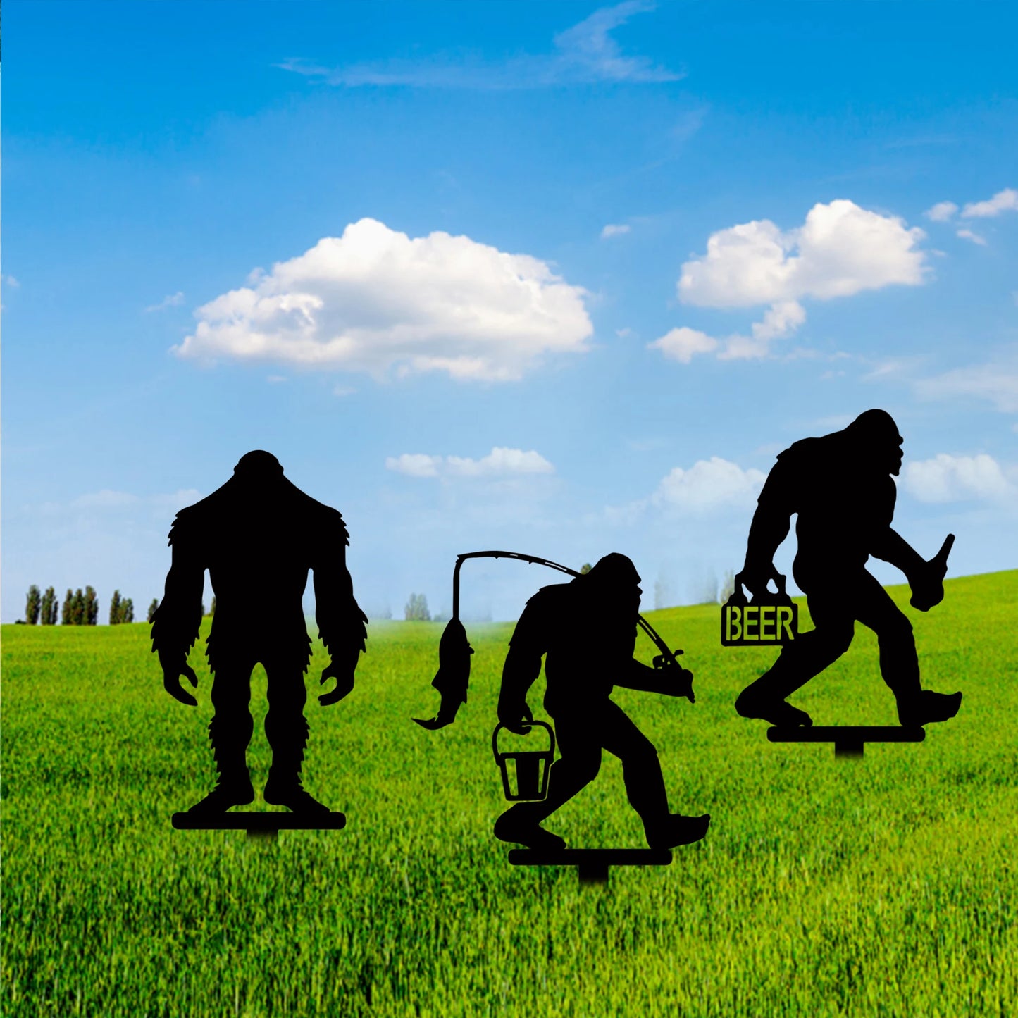 Three Piece Metal Sasquatch Garden Stakes Outdoor Decor