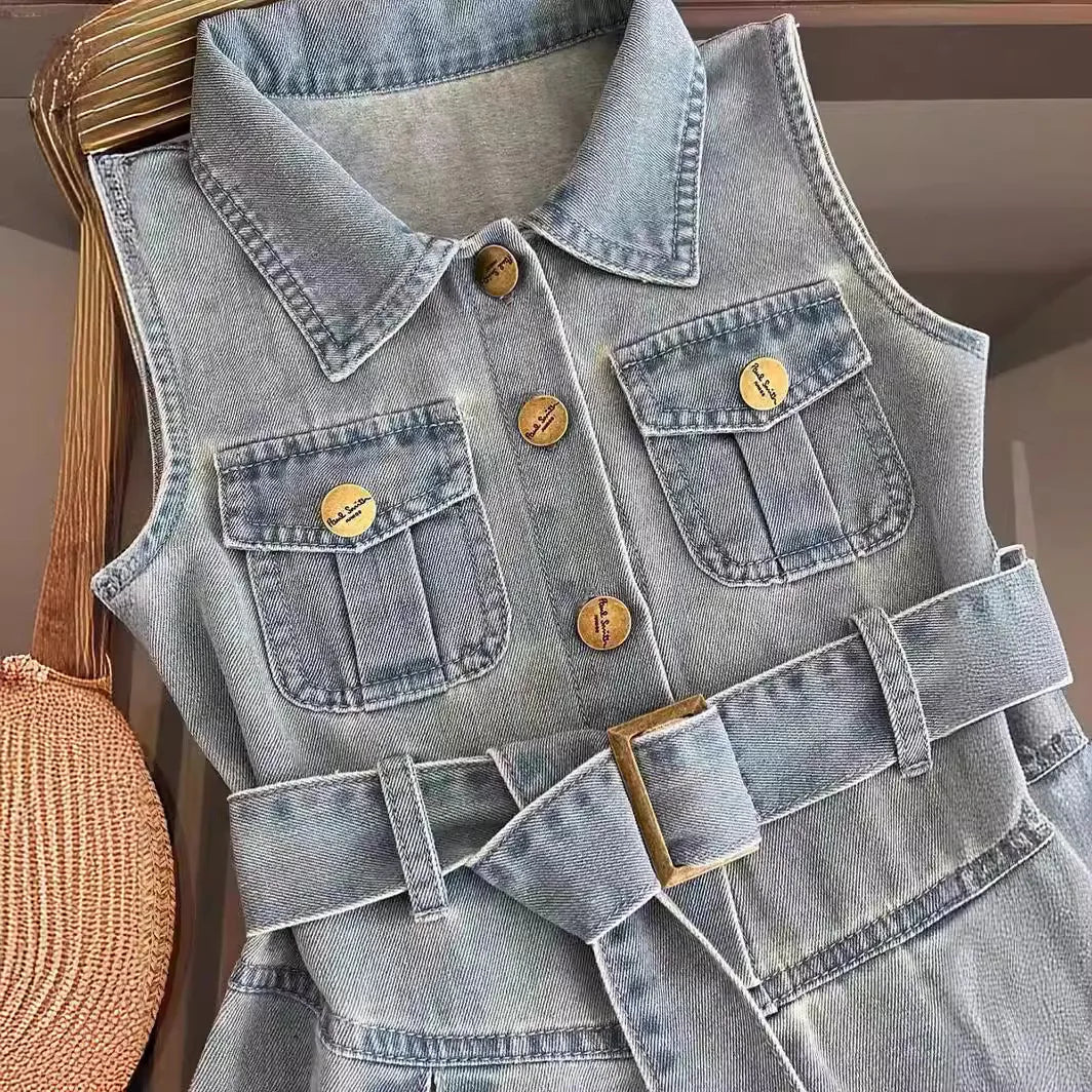 Girls Casual Sleeveless Shirt Collar Pleated Western Dress
