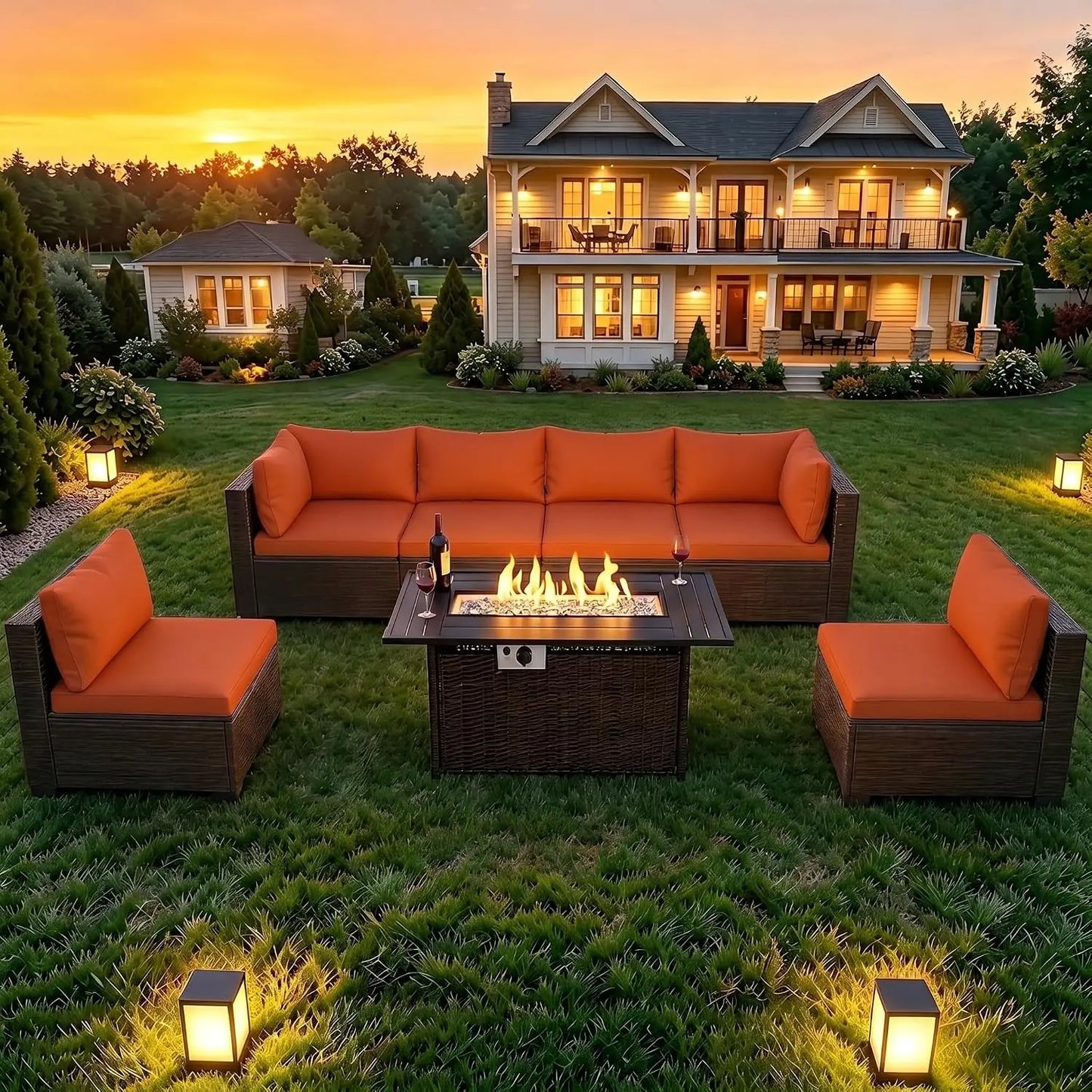 Wicker Patio Outdoor Conversation Set With Propane Fire Pit Table