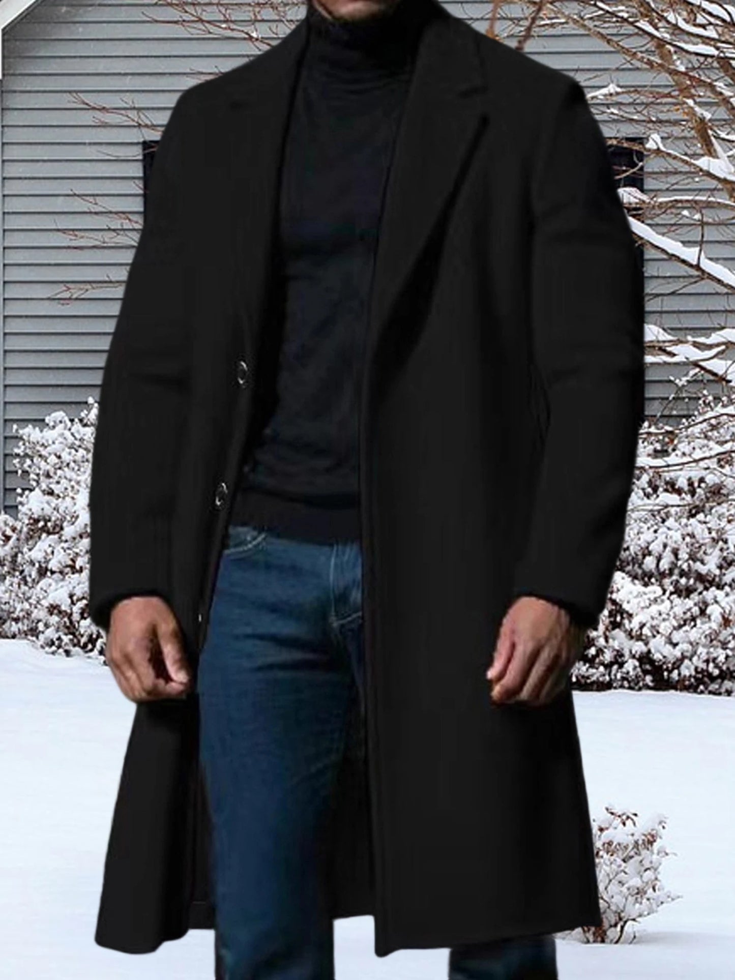 NONECN Mens Classic Wool Blend Pea Coat With Notched Lapel Overcoat