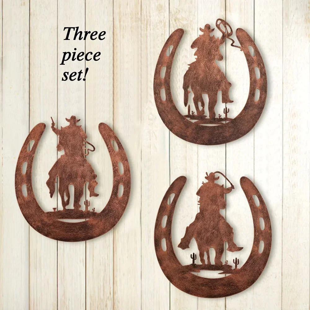 HelloYoung Horseshoe Metal Wall Decor 3pc Set Cowboy Western Rustic
