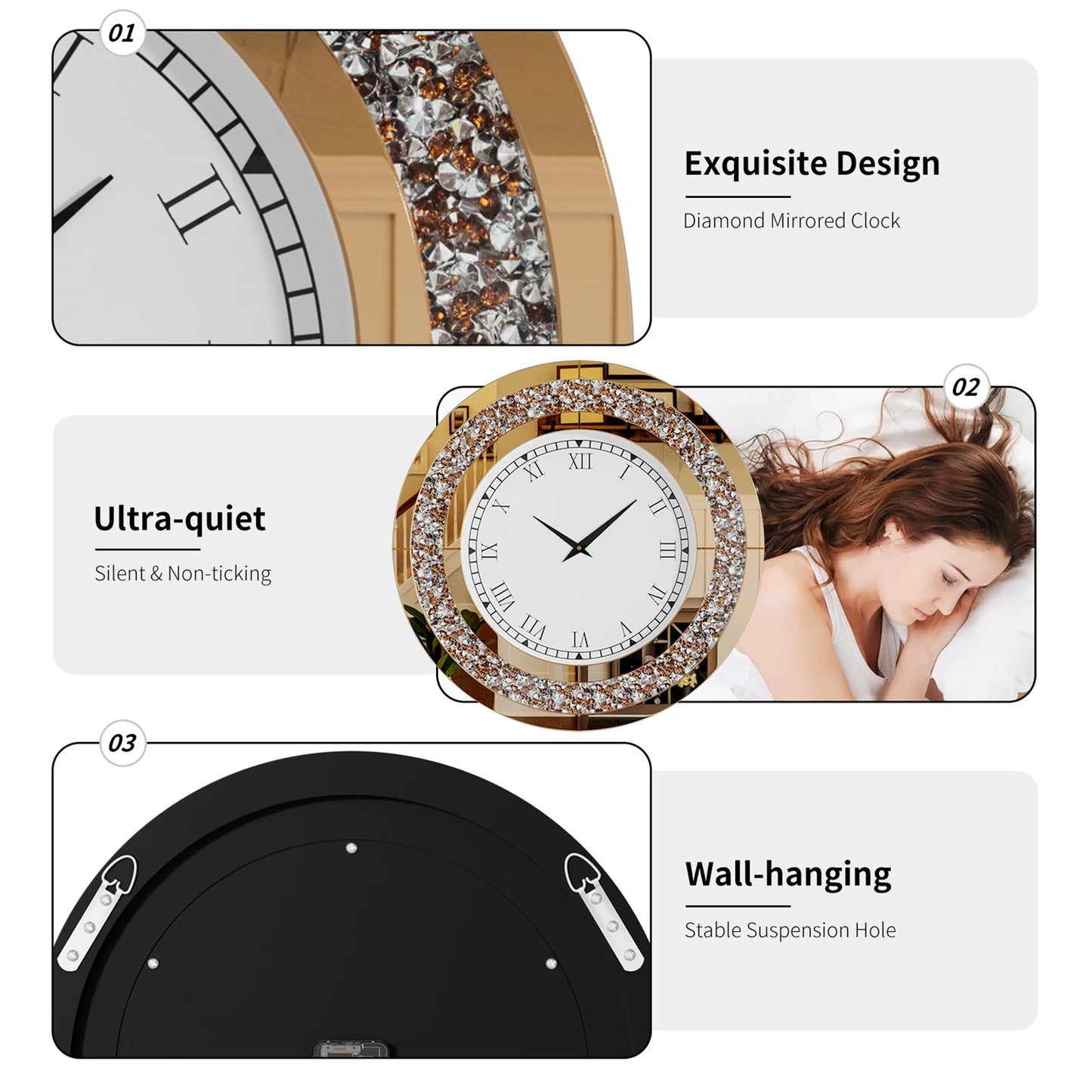Round Mirrored Wall Clock with Crystal Sparkle Bling