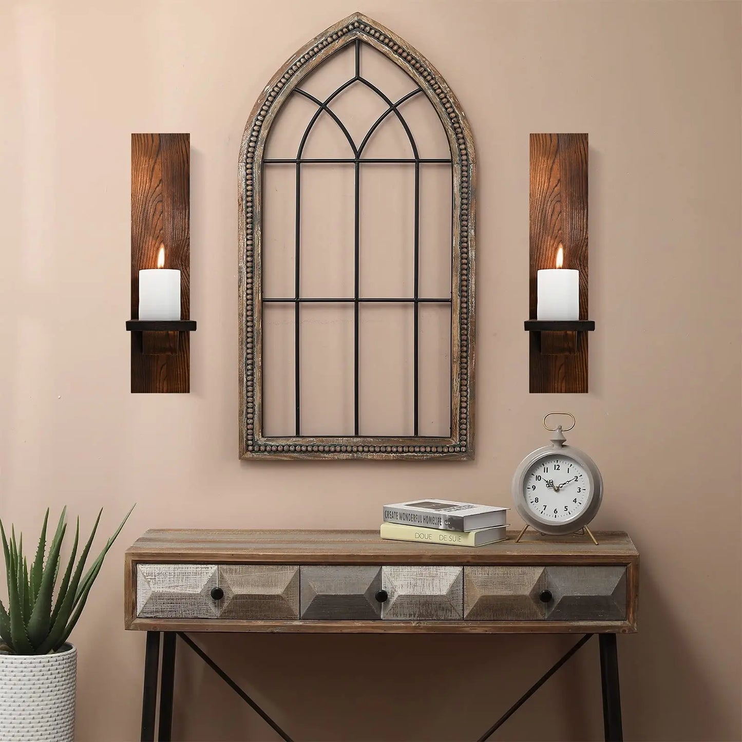 Rustic Wooden Wall Candle Sconces Set