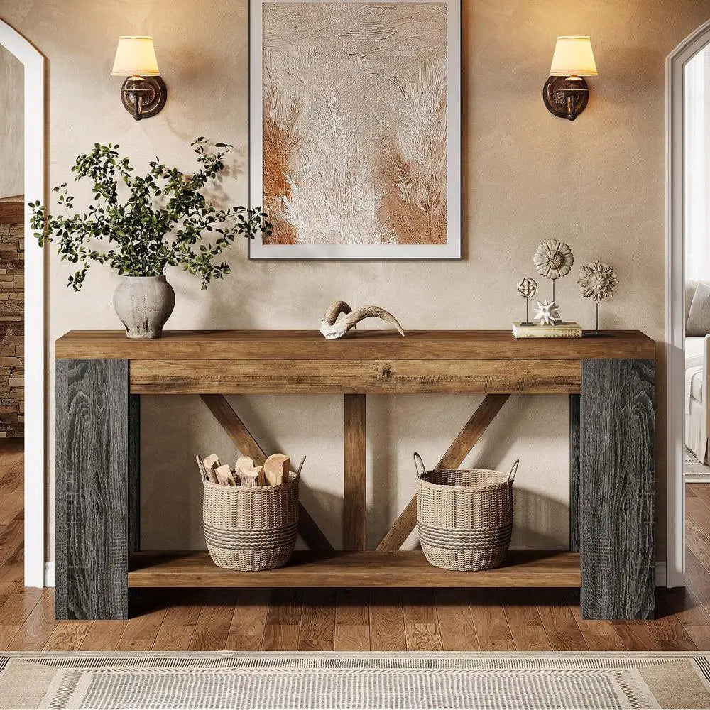 Narrow Farmhouse Console Table With Storage Shelf For Hallway