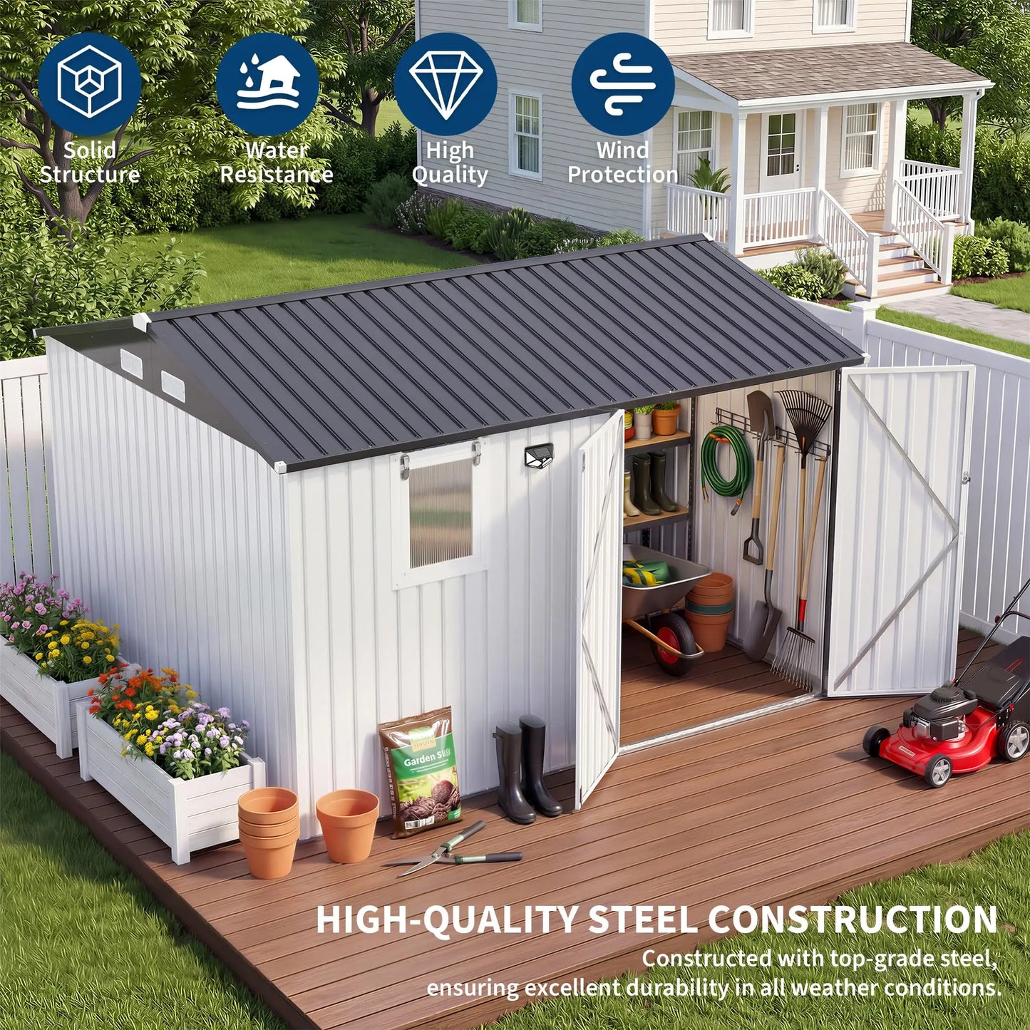 HiMISS Steel Garden Storage Shed With Sloped Roof Lockable Doors