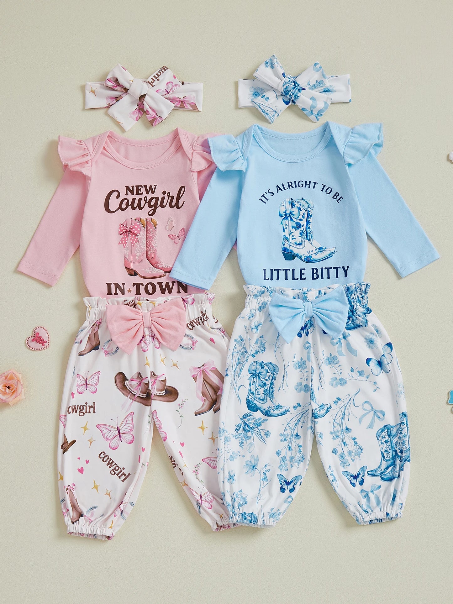 Baby Girl Western 3 Piece Set Romper Floral Pants Headband