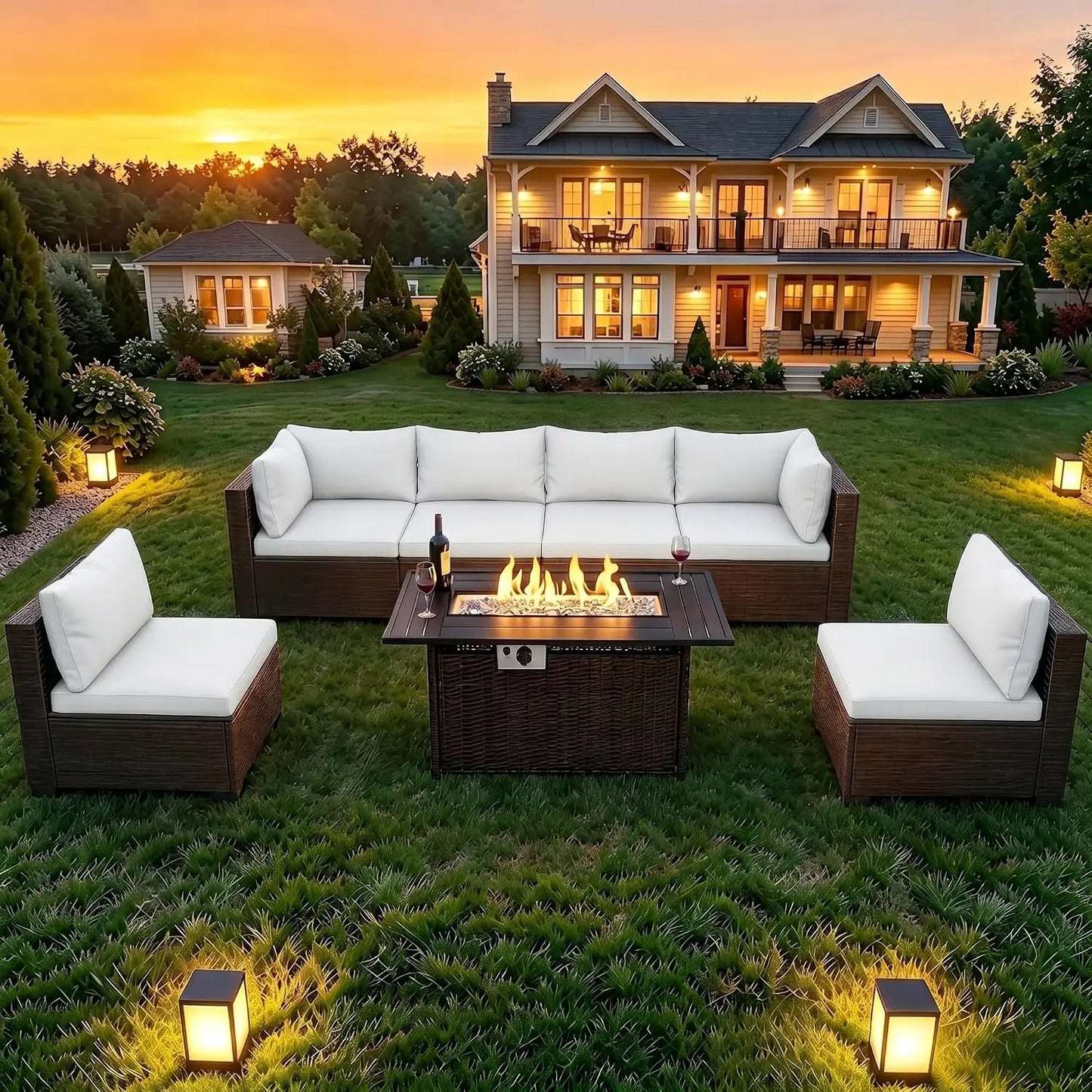 Wicker Patio Outdoor Conversation Set With Propane Fire Pit Table