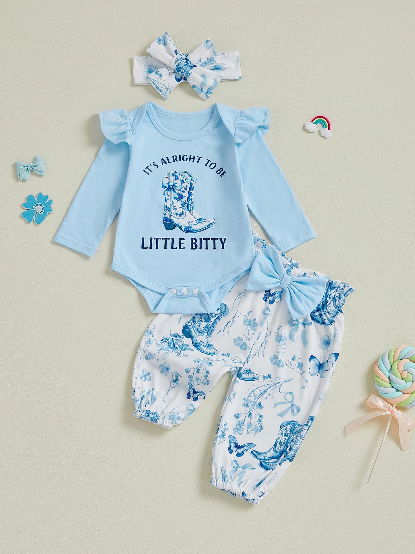 Baby Girl Western 3 Piece Set Romper Floral Pants Headband