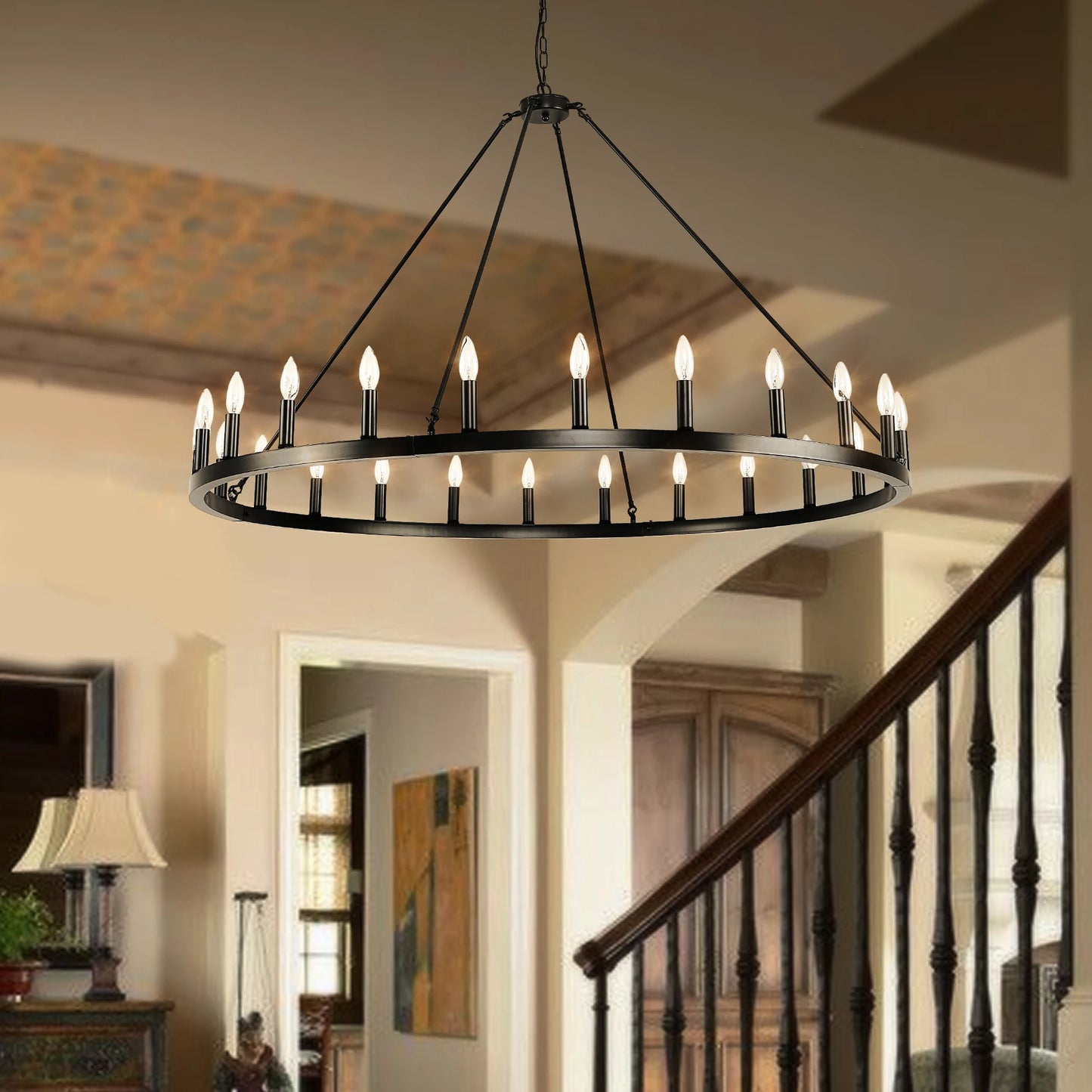 Wagon Wheel Chandelier 24 Lights Modern Rustic Farmhouse Pendant
