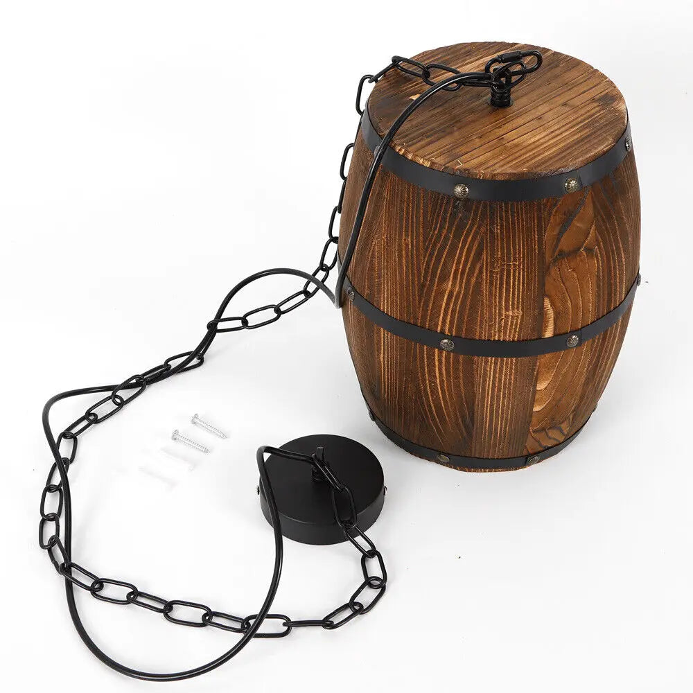 Hanging Vintage Wine Barrel Light Rustic Wooden Ceiling Lamp