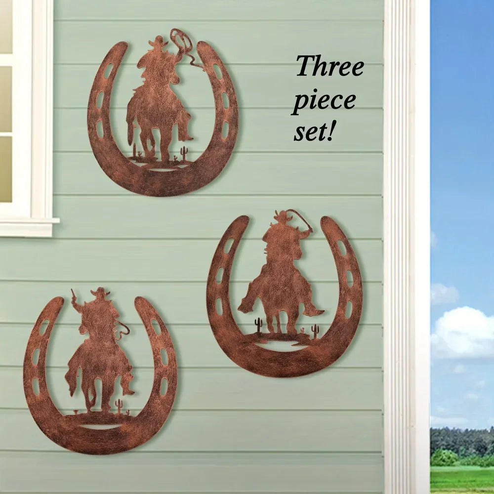 HelloYoung Horseshoe Metal Wall Decor 3pc Set Cowboy Western Rustic