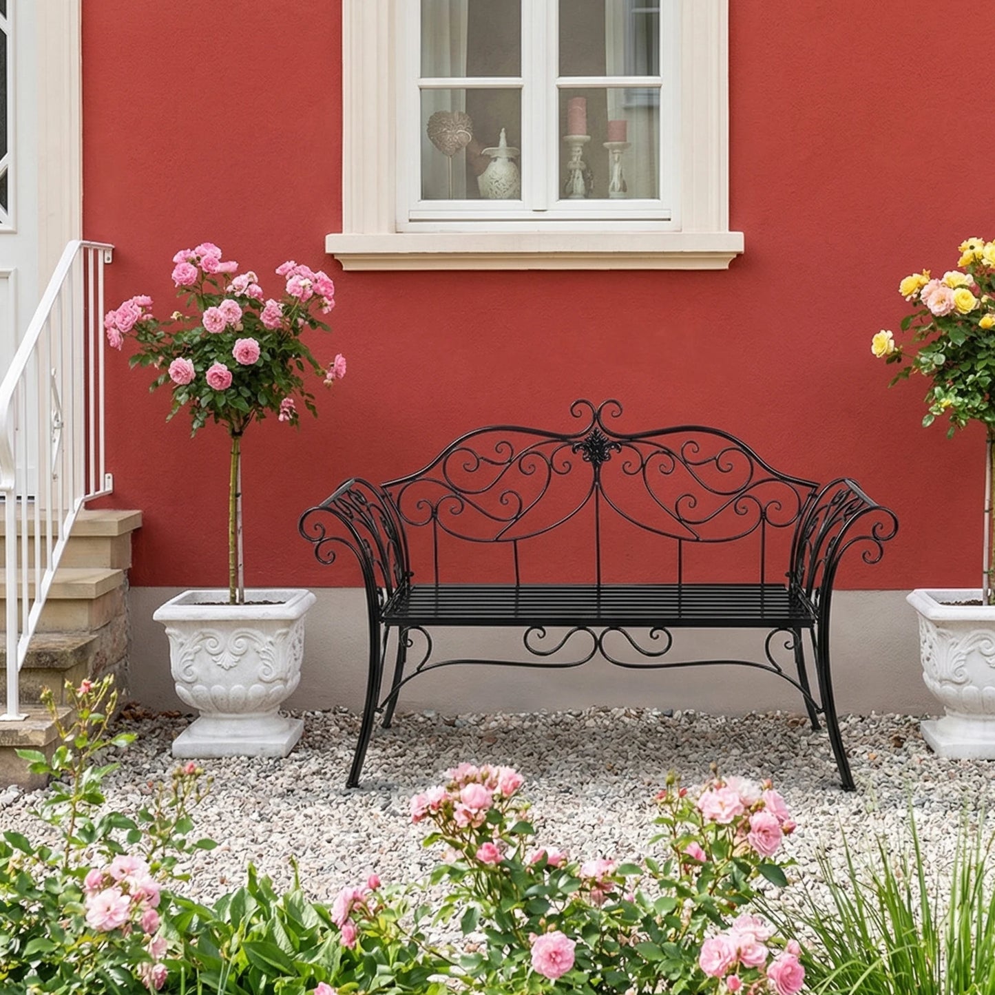 Wrought Iron Garden Bench Outdoor Rustproof Decorative Backrest