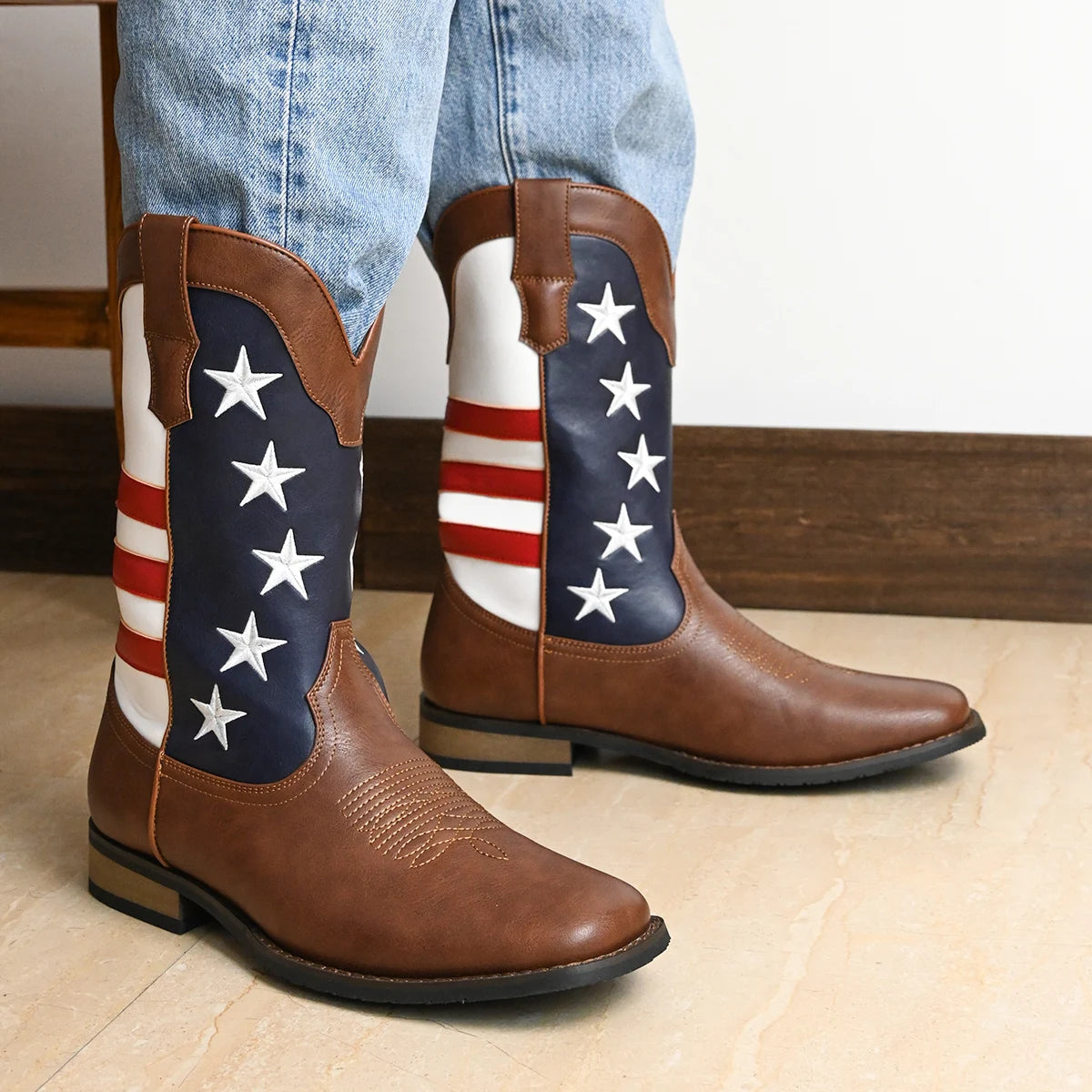 Men Western Cowboy Boots Slip On Durable Embroidered Design