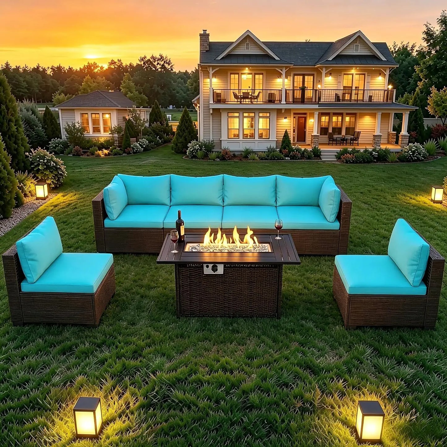 Wicker Patio Outdoor Conversation Set With Propane Fire Pit Table