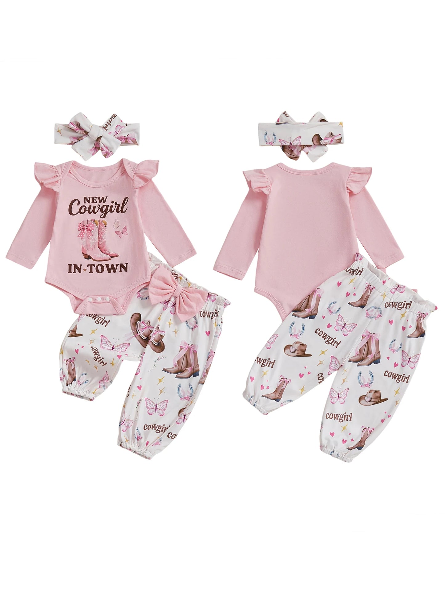 Baby Girl Western 3 Piece Set Romper Floral Pants Headband