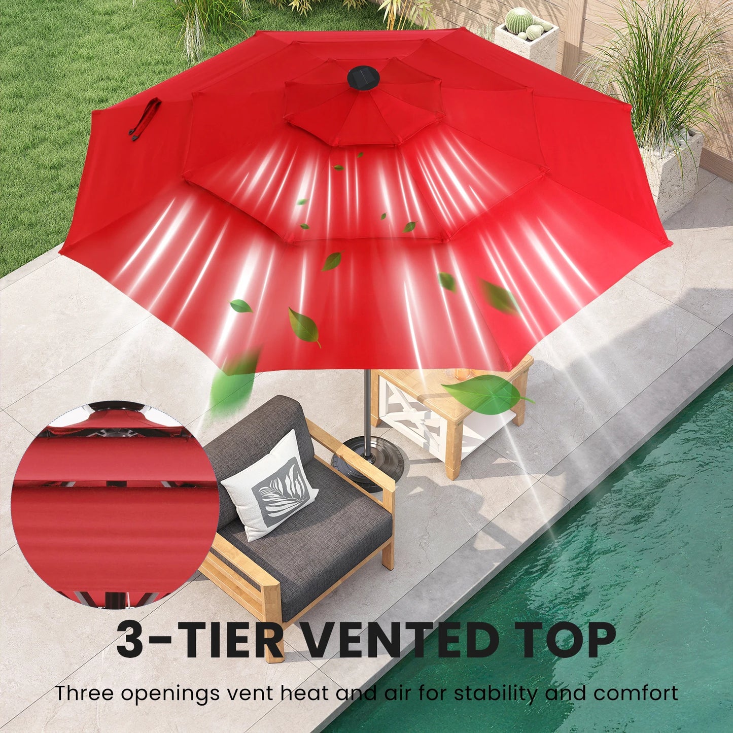 Solar Patio Umbrella With 32 LED Lights Tilt Adjustment Lift