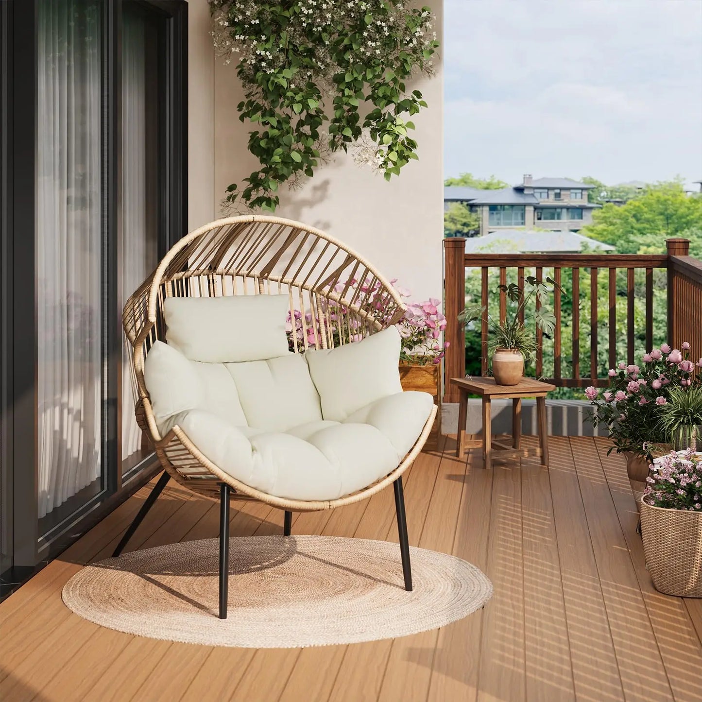 HiMISS Outdoor Wicker Egg Chair Rocker Papasan Lounge Chair with Cushion