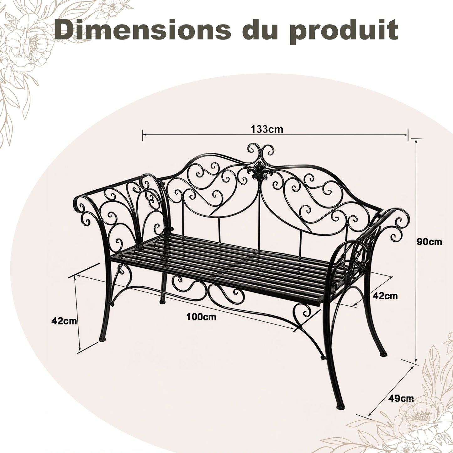 Wrought Iron Garden Bench Outdoor Rustproof Decorative Backrest