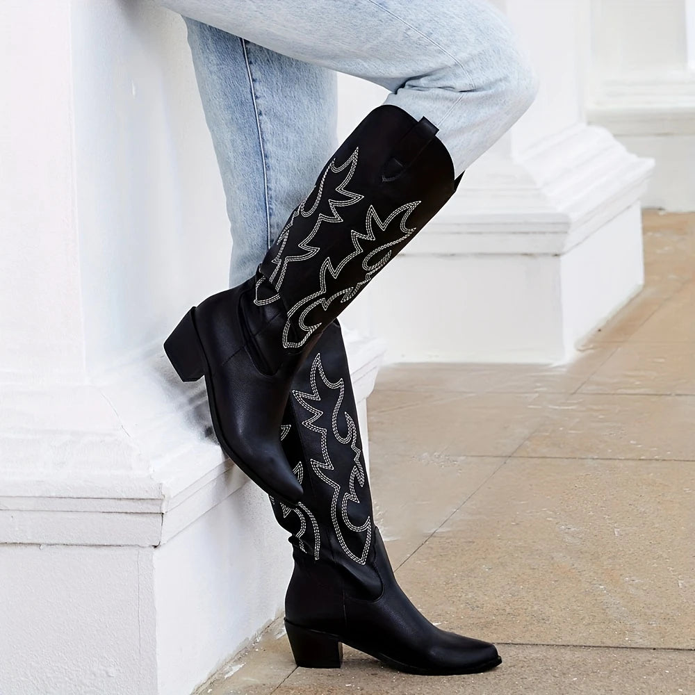 Western Embroidered Knee High Boots For Women Point Toe Heels