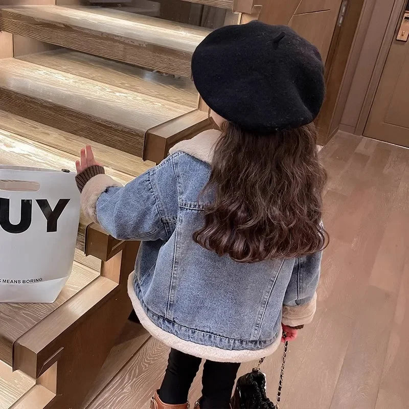 Girls Thick Denim Jacket Velvet Lined Padded Coat For Kids