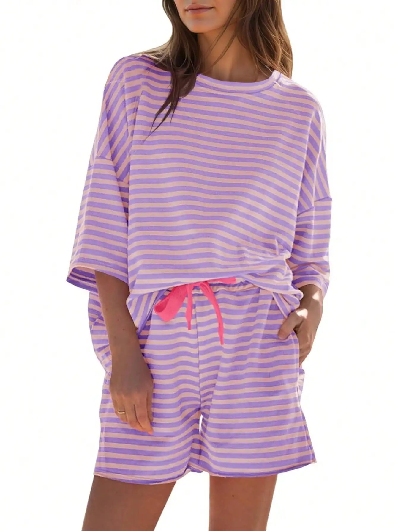 Fisoew Striped Athleisure 2 Piece Lounge Set For Women