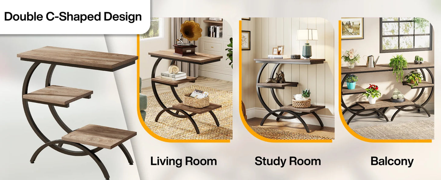 Tribesigns C-Shaped End Table Industrial 3-Tier With Storage Shelves