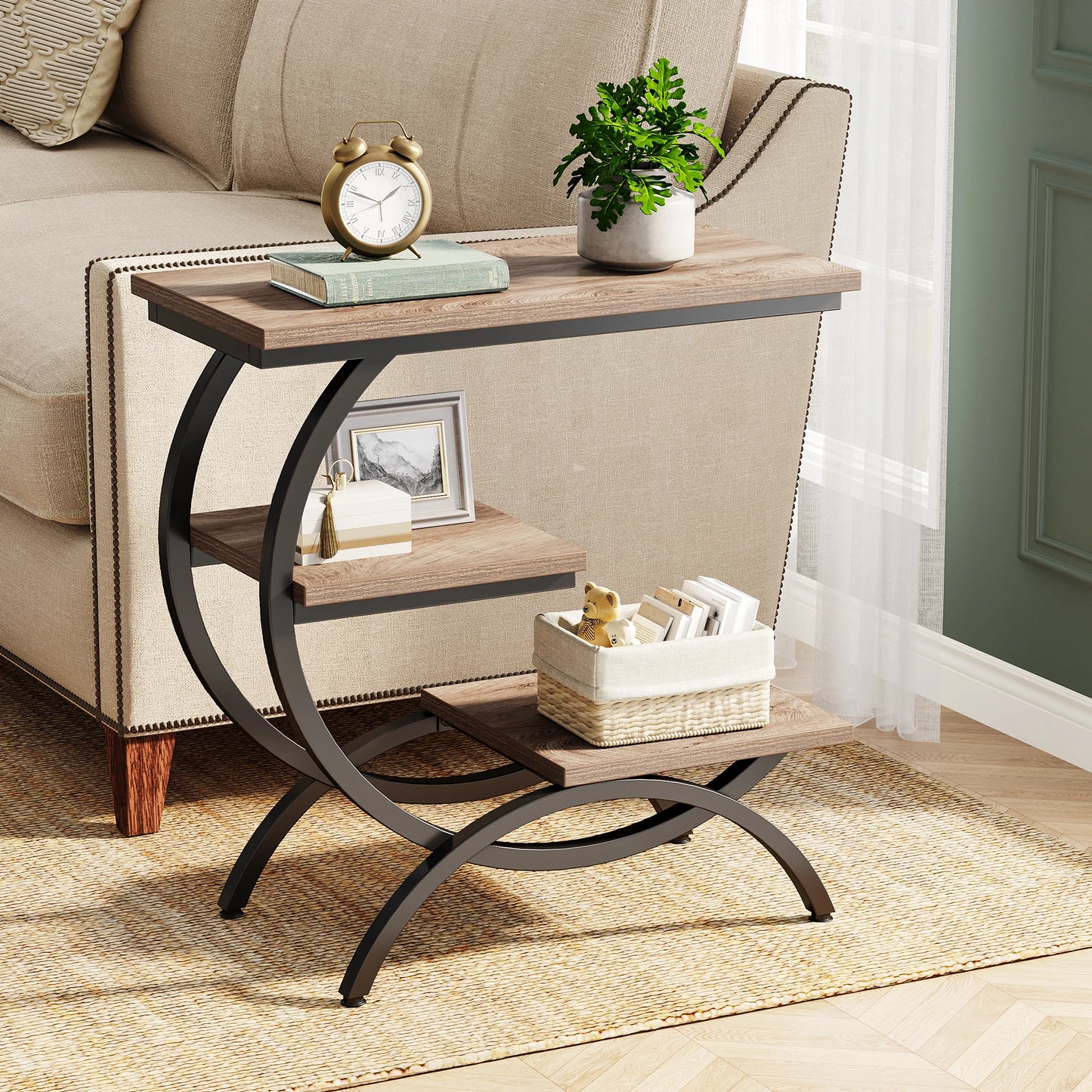 Tribesigns C-Shaped End Table Industrial 3-Tier With Storage Shelves